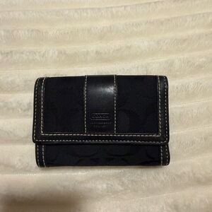 Coach Black Canvas Trifold Wallet with White Stitching